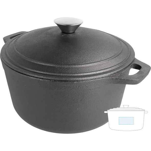 Rund gryta med svart järnlock